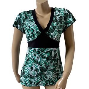 AGB Floral Blouse Small Green Black White Empire Waist V Neck Flutter Sleeve